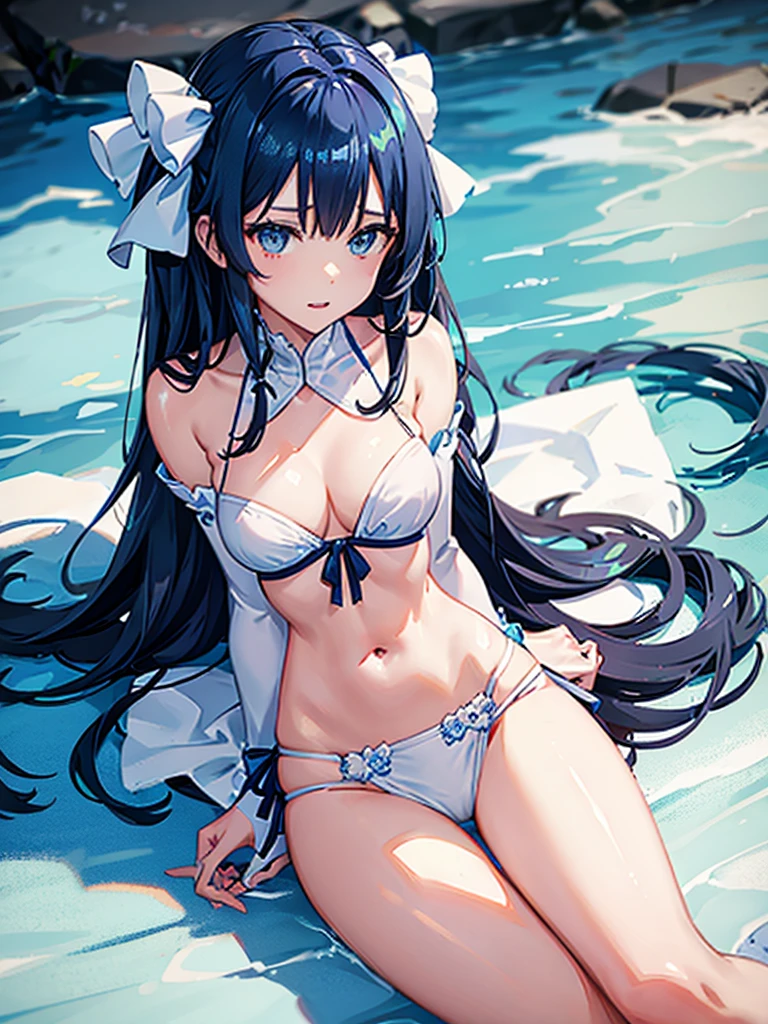 Young girl, long blue hair, blue eyes, white bow in her hair, Blue bikini with a white transparent sarong tied around her chest, white sandals with black straps, wearing a pair of denim shorts, average breast size, Beautiful breasts, Beautiful feet 