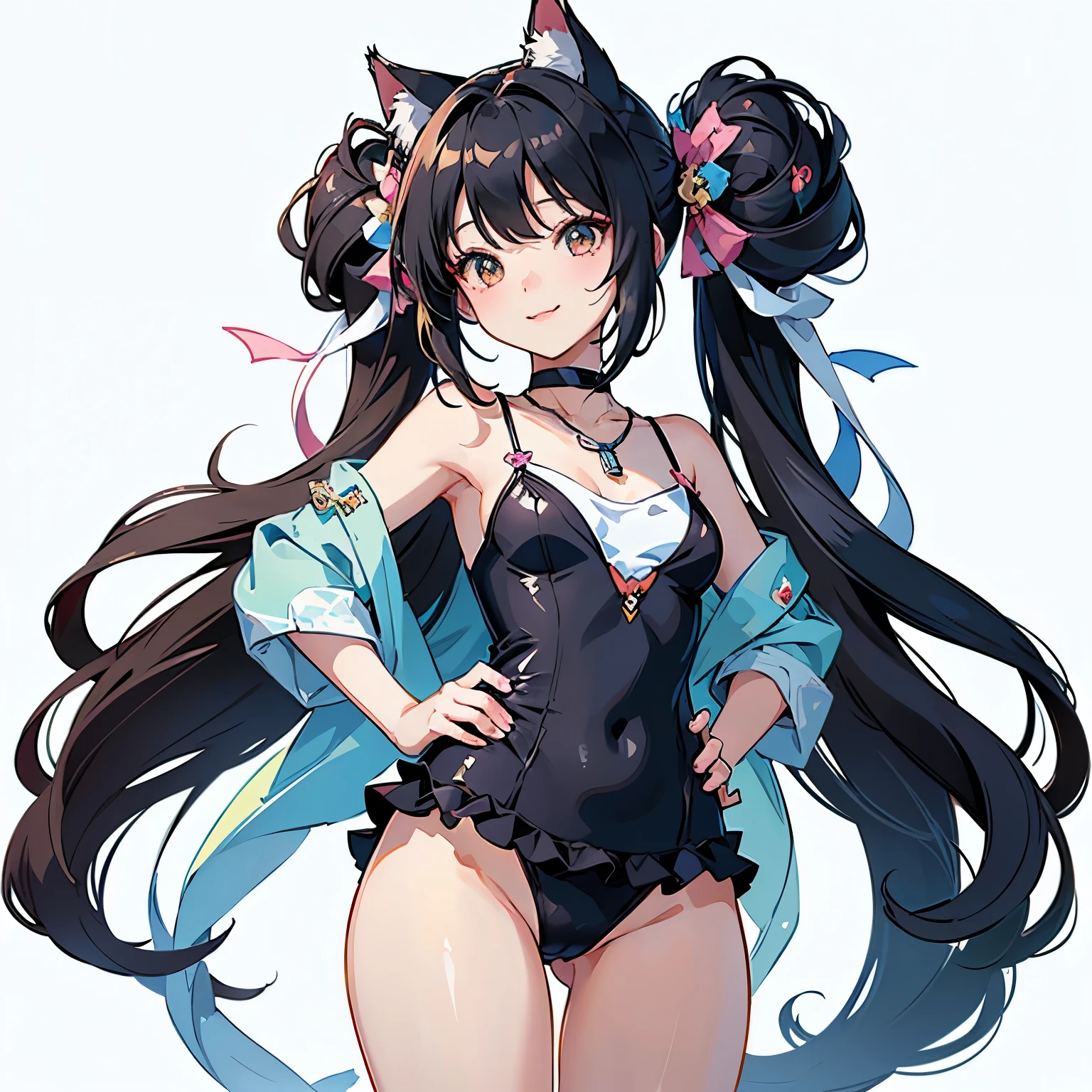 (highest quality, masterpiece, High resolution)、(Anime Art 4k)、Cinematic Light、Soft Light、(Two Girls、20 years old)、(whole body)、(Hands on hips)、Black Hair、(Swimwear)、(カラフルなSwimwear)、(Brightly colored design)、cute、Cat ear、Bobcut、semi-long、Hair Bun、hair ornaments、choker、Bright smile、Small breasts、(Cat Pose)、(play)、Cat jarashi、((White Background))、((Blank background))、