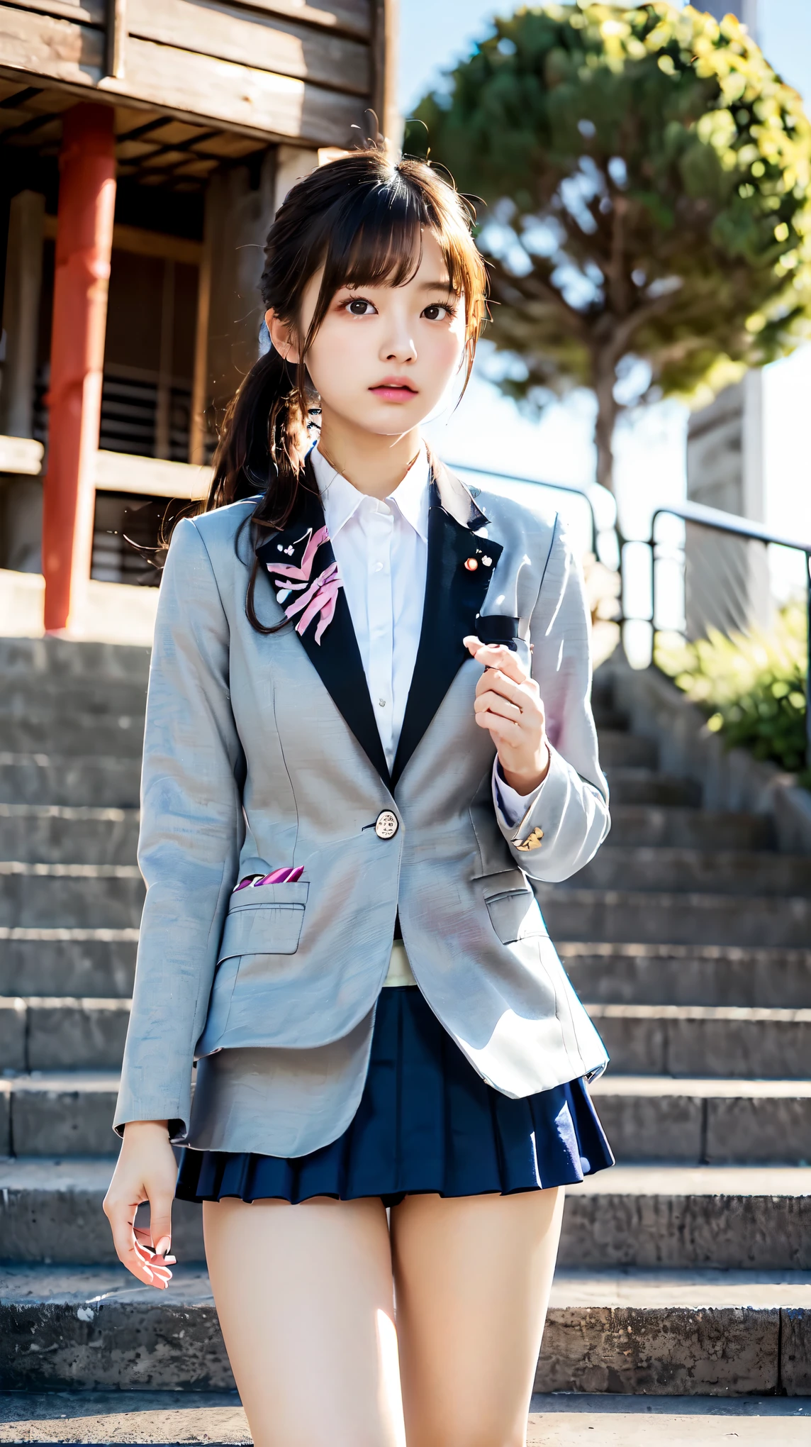 (Beautiful and detailed skin,Perfect Anatomy),At dusk,Sunset sky,14 years old,cute,Black Hair,ponytail, full body shot, Beautiful detailed girl, Highly detailed face, Detailed beautiful eyes, ((Japanese Girls, High , School Blazer:1.5)), City stairs、looking up from the bottom of the stairs、Very embarrassed, ((The wind blew up her skirt、Panties can be seen glimpsed:1.5))、Official Art，Highly detailed CG Unity 8k wallpaper, (masterpiece:1.0),(highest quality:1.0), photo shoot, 8k, Browsing Caution, High resolution, Kodak Portrait 400, Film Grain, Lens flare brilliance,View your viewers