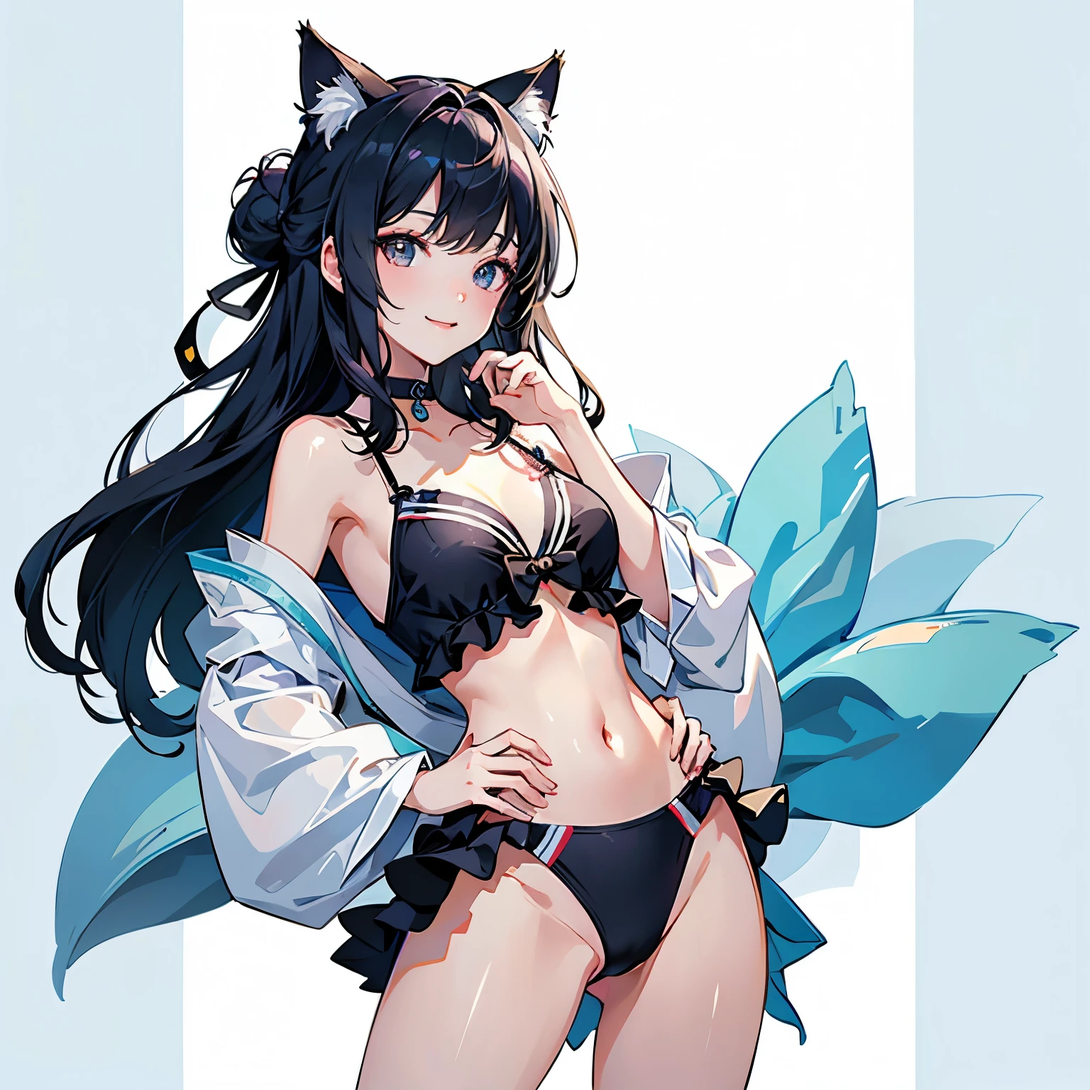 (highest quality, masterpiece, High resolution)、(Anime Art 4k)、Cinematic Light、Soft Light、(Two Girls、20 years old)、(whole body)、(Hands on hips)、Black Hair、(Swimwear)、(カラフルなSwimwear)、(Brightly colored design)、cute、Cat ear、Bobcut、semi-long、Hair Bun、hair ornaments、choker、Bright smile、Small breasts、(Cat Pose)、(play)、Cat jarashi、((White Background))、((Blank background))、