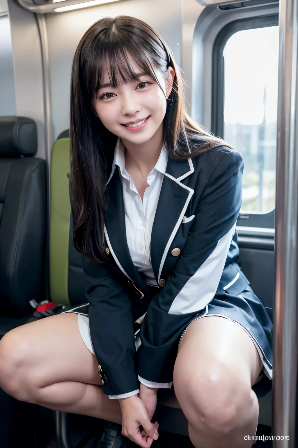 highest quality, masterpiece, Ultra-high resolution, (Reality: 1.4), Original photo, One girl, mature, White JK Uniform, happy smile, large chest , squatting on seat in train,  Cinema Lighting