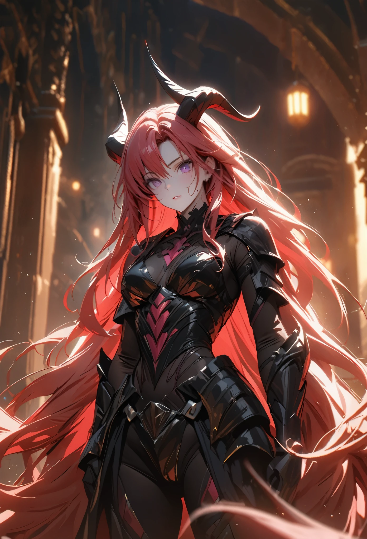 (solo), pinkish red hair, messy hair, mane hair, extra long hair, dense hair, wild hair, expressive hair, mature, woman, (25 year old), pale skin, purple eyes, curved horns, demon girl, demonic woman, wearing a black armor, armored arms, armored legs, claws,, beautiful, attractive, eye reflection, depth of field, thunder aura,cinematic lighting, ray tracing, depth of field, cinematic lighting, ray tracing, UHD, high details, best quality, highres, high quality, award winning, super detail, masterpiece, 8k, UHD, high details, best quality, highres, high quality, award winning, super detail, masterpiece, 8k, digital art, anime coloring, body shot, good face, perfect face, detailed face, good eyes