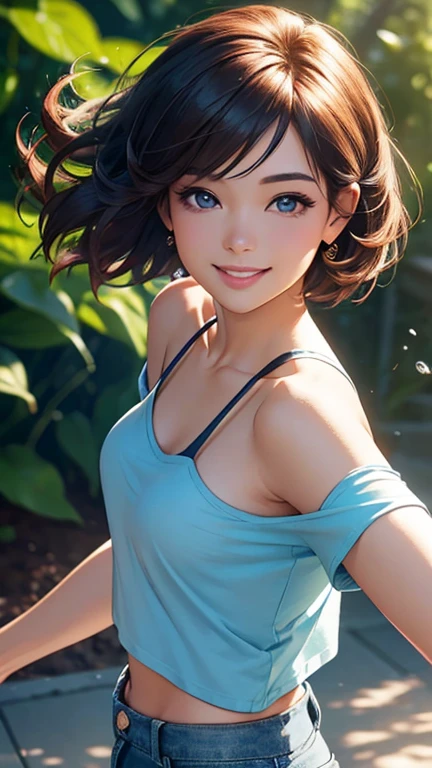 (Best quality,ultra detailed,photorealistic:1.37),bright and rich colors,studio lighting,playful and smiling expression of a beautiful face,stylish makeup, short denim shorts,hair fluttering in the wind,alluring smiling eyes, (((short T-shirt with a deep neckline))), glossy lips,sexy free pose, I smile confidently and seductively,posing for a professional photo shoot,shallow depth of field,highlighting the main subject,soft natural lighting,Creating a dreamy and magical atmosphere.