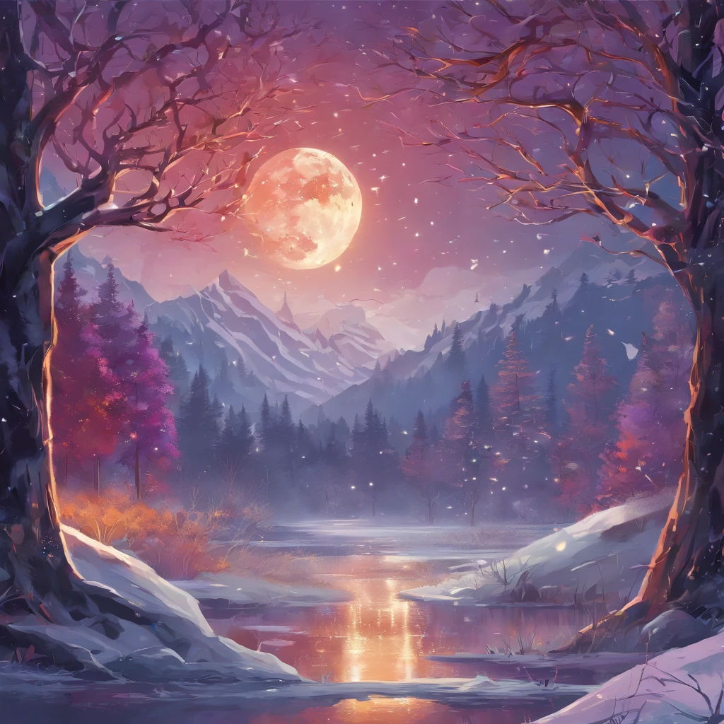 A kaleidoscope appearance with red, yellow, purple, gold light bouncing, a large white wolf with bright red eyes stands, intricately detailed with etchings, the moon showing a smiley face at night creating a soft glow, the trees frozen, blue bubbles, sparkling lights, brightly, moonlit scene, frozen lake's surface etched with intricate patterns, glistening under the soft moonlight. Frozen trees stand tall with delicate frost coating their branches, creating a serene and mystical ambiance. The ethereal glow of the moon reflects off the icy surface, casting a gentle luminance over the entire landscape, evoking a sense of tranquility and wonder. Photography, high-resolution, capturing the silver glow and intricate details under a full moon.

(best quality,4k,8k,highres,masterpiece:1.2), ultra-detailed, (realistic,photorealistic,photo-realistic:1.37), HDR, UHD, studio lighting, ultra-fine painting, sharp focus, physically-based rendering, extreme detail description, professional, vivid colors, bokeh. Portraits, landscape, horror, anime, sci-fi, photography, concept artists. Warm color palette with dominant red, yellow, purple, and gold tones. Soft and ethereal lighting illuminating the scene.