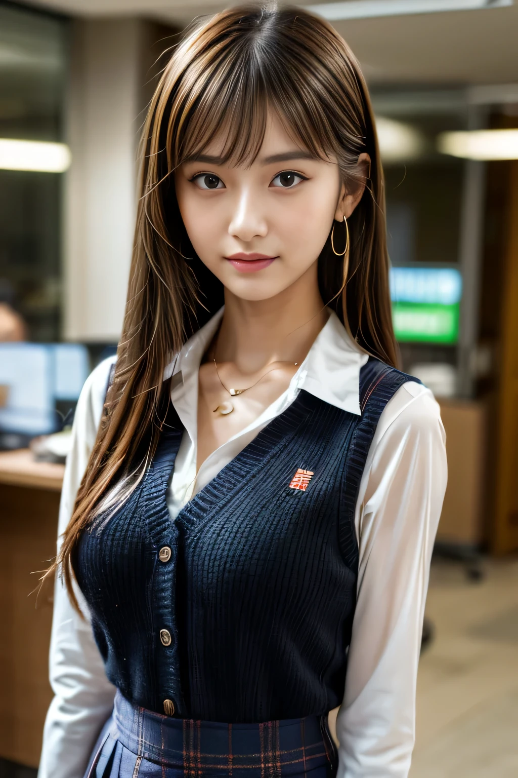 (Masterpiece:1.3), (8K), (Best Quality:1.4), (UHD:1.2), (Photorealistic:1.3), (Raw Photography), (1 girl), (Ultra High Detailed), (Detailed face), very perfect beautiful and cute face, (Detailed hair), medium long straight hair, Beautiful hair, bangs, (symmetrical eyes:1.3), (Detailed eyes), (Detailed skin), Realistic skin, shiny skin, Ultra high definition, (medium breasts), (slim figure), (super model figure), 20yo, Japanese cute girl, 

(wearing a Clerks' uniforms), earrings, necklace, 
In an office in a high-rise building