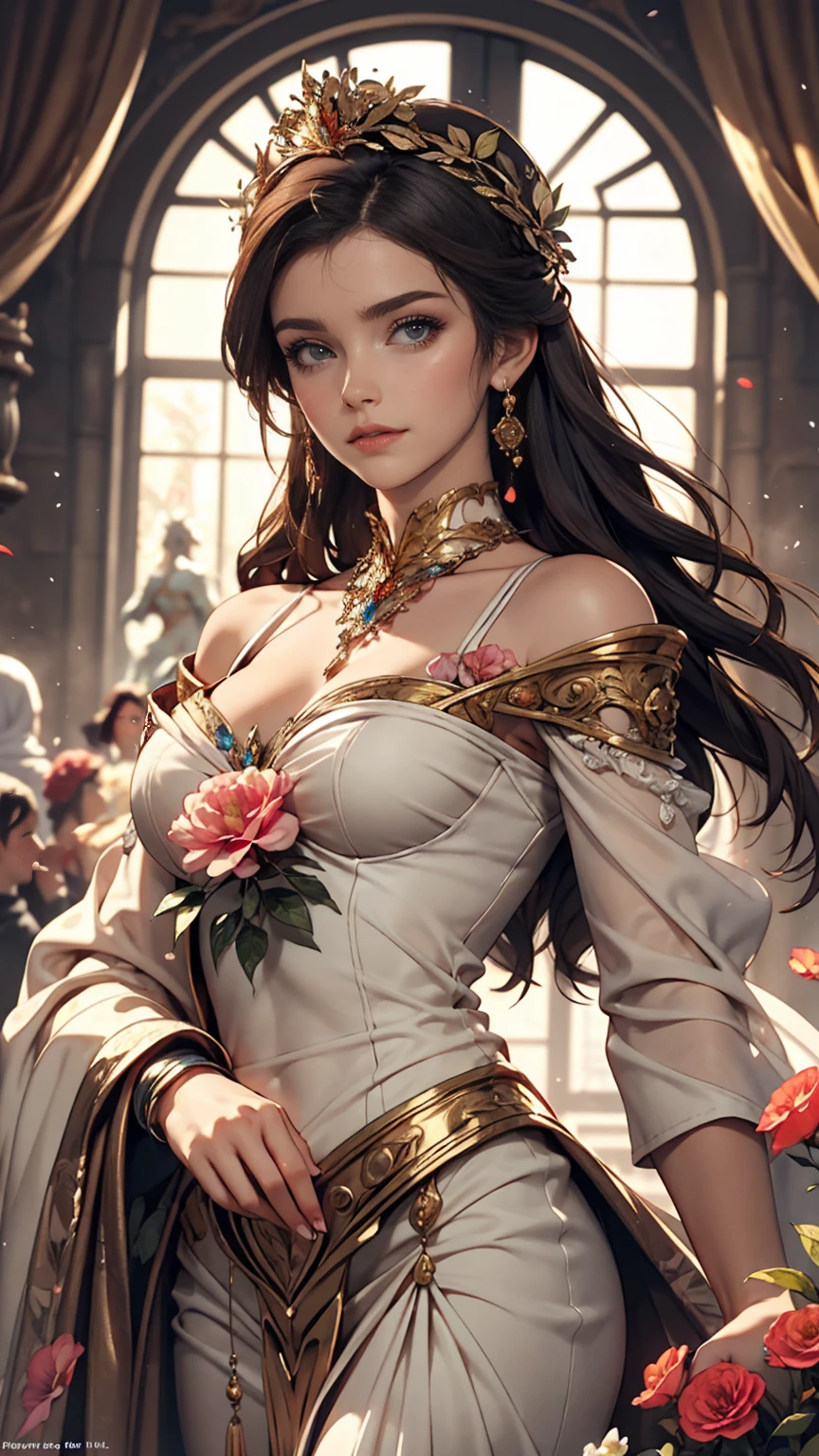 Depicts a beautiful woman with flowers in her hair、Highly detailed watercolor painting, The style of Alfons Maria Mucha and Gustav Kirmut, Art Nouveau accents, Fairy Princess, Anthropomorphic woman, Female figure, Detailed cover artwork, As the Flower Goddess, Alphonse Mucha, Gustav Klimt, Pale skin, Marble sculpture, society, Gothic art, Art Nouveau, Behance Contest Winner