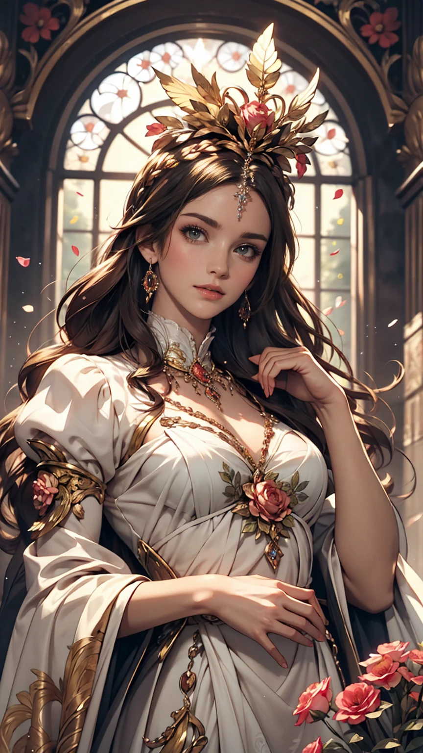 Depicts a beautiful woman with flowers in her hair、Highly detailed watercolor painting, The style of Alfons Maria Mucha and Gustav Kirmut, Art Nouveau accents, Fairy Princess, Anthropomorphic woman, Female figure, Detailed cover artwork, As the Flower Goddess, Alphonse Mucha, Gustav Klimt, Pale skin, Marble sculpture, society, Gothic art, Art Nouveau, Behance Contest Winner