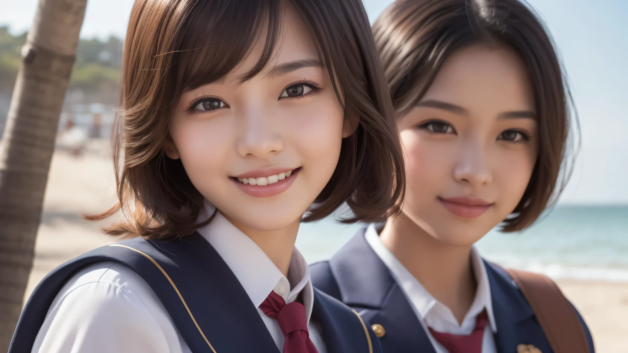 (3girl:1.2), (Medium bob curled inwards:1.3). enchanting smile, (Best Quality:1.4), Realistic, extremely detailed CG unified 8k wallpaper, highly detailed, High-definition raw color photos, professional photography, Realistic portrait, Cinematic Light, Beautiful detailed, Beautiful breasts, (Fine face:1.2), Close up portrait of girl, (high school uniform:1.2), Outdoors, (beach), sun, day,