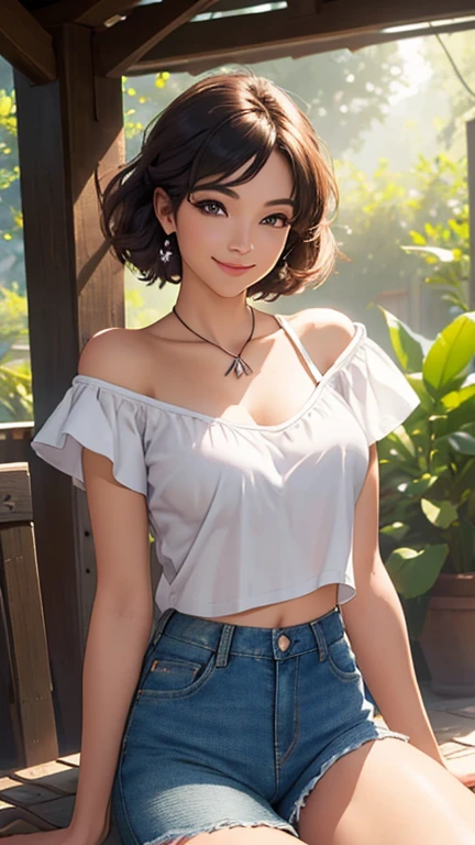 cute、One girl in her twenties、Hairstyle: brown bob、With bangs、Pattsun Bob、Light brown hair、smile、refreshing、Black shirt、Denim trousers、Sparkling、high resolution、Real、4K.8k.