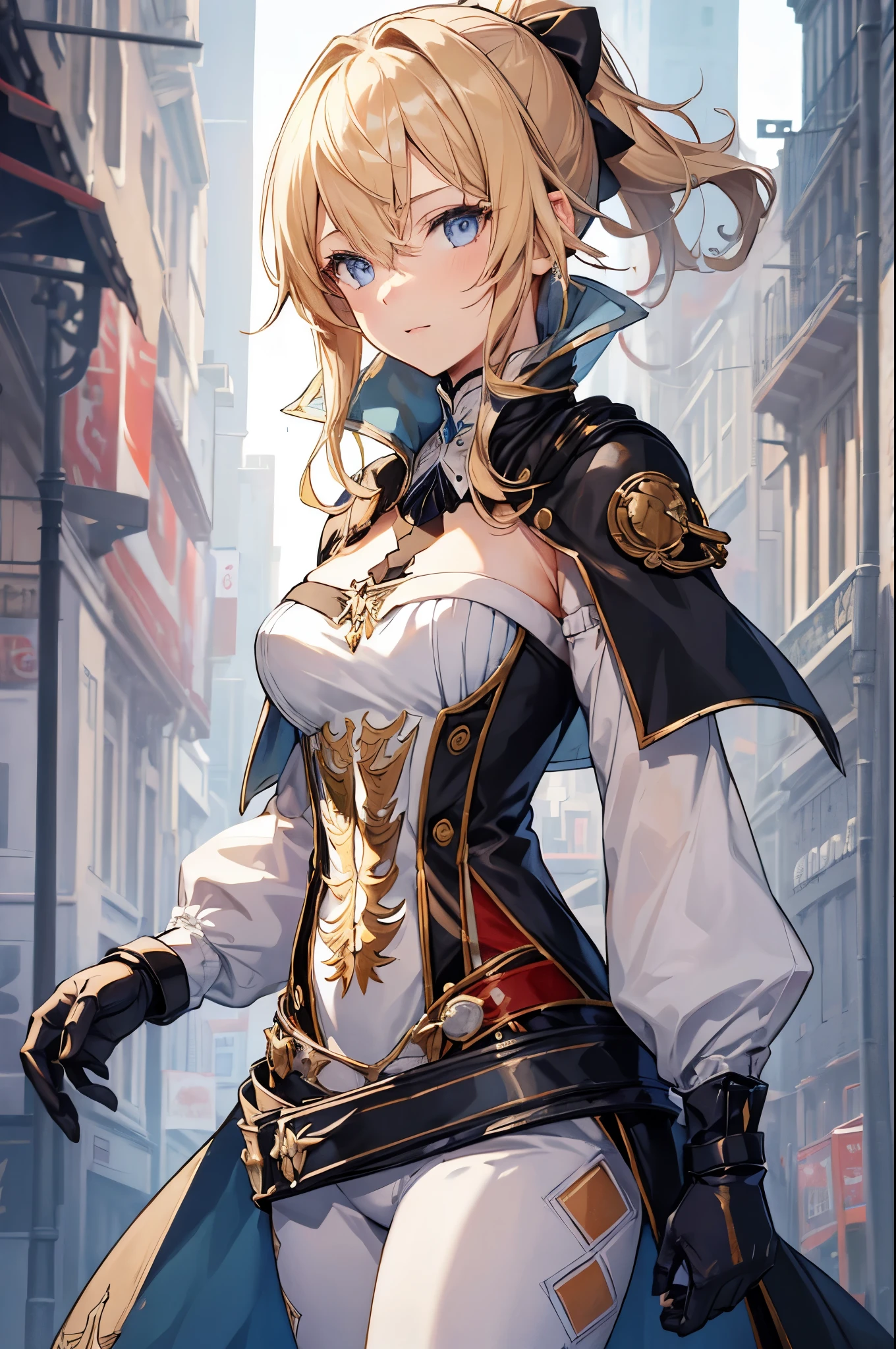 (masterpiece, best quality:1.2), expressive eyes, perfect face, highres, 1girl, solo, jeanfavonian, short hair, blonde hair, city, day, standing, happy, parted lips, hands on hip, upper body, looking at the viewer
