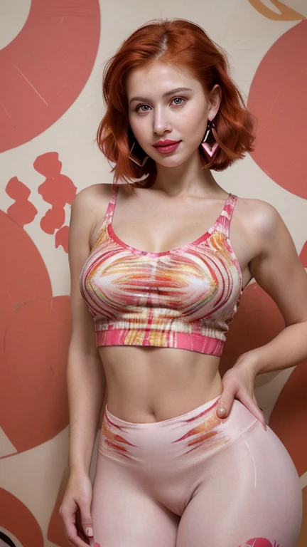 Beautiful 22 year old woman, Tez blanca, Brown eyes, round face, small nose medium wavy red hair, dressed in casual pink, with pink hat, with big breasts, big glutes. The background that is in a square, image in real format