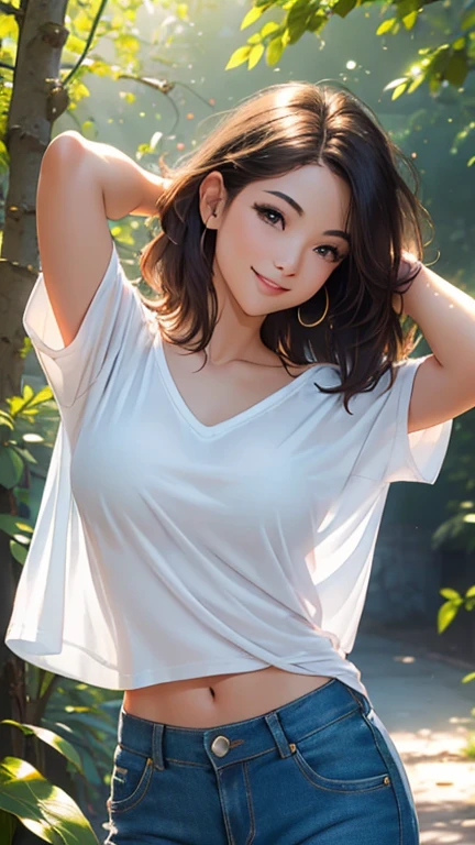 (Best quality,ultra detailed,photorealistic:1.37),bright and rich colors,studio lighting,playful and smiling expression of a beautiful face,stylish makeup, short denim shorts,hair fluttering in the wind,alluring smiling eyes, (((short T-shirt with a deep neckline))), glossy lips,sexy free pose, I smile confidently and seductively,posing for a professional photo shoot,shallow depth of field,highlighting the main subject,soft natural lighting,Creating a dreamy and magical atmosphere.