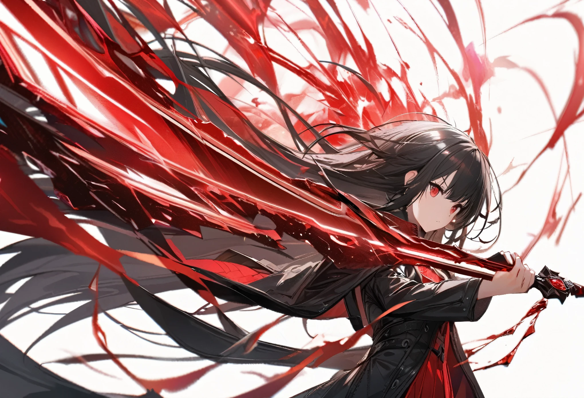 1girl, solo, black hair, long hair, red eyes, black long coat, 1 girl holding red sword, red lightning from sword, red crystal shine from inside the sword, correctly cut red crystal shine and floating on air, simple background, white background, ultra detailed, 8k