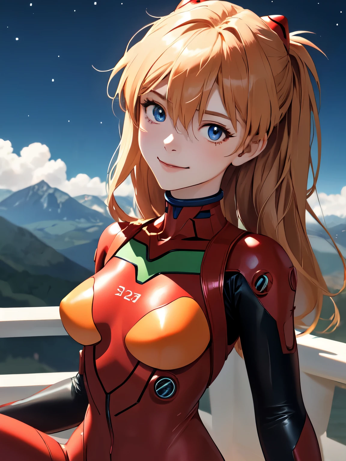 (masterpiece, highest quality), One girl, Beautiful Face, Beautiful body, souryuu_Asuka_Langley, Plug Suit, Bodysuits, Interface Headset, red Bodysuits, Hair between the eyes, Pilot Suit,((Show your whole body:1.5)), smile, sit, night, Mountain, Mountain小屋, Star of the sky