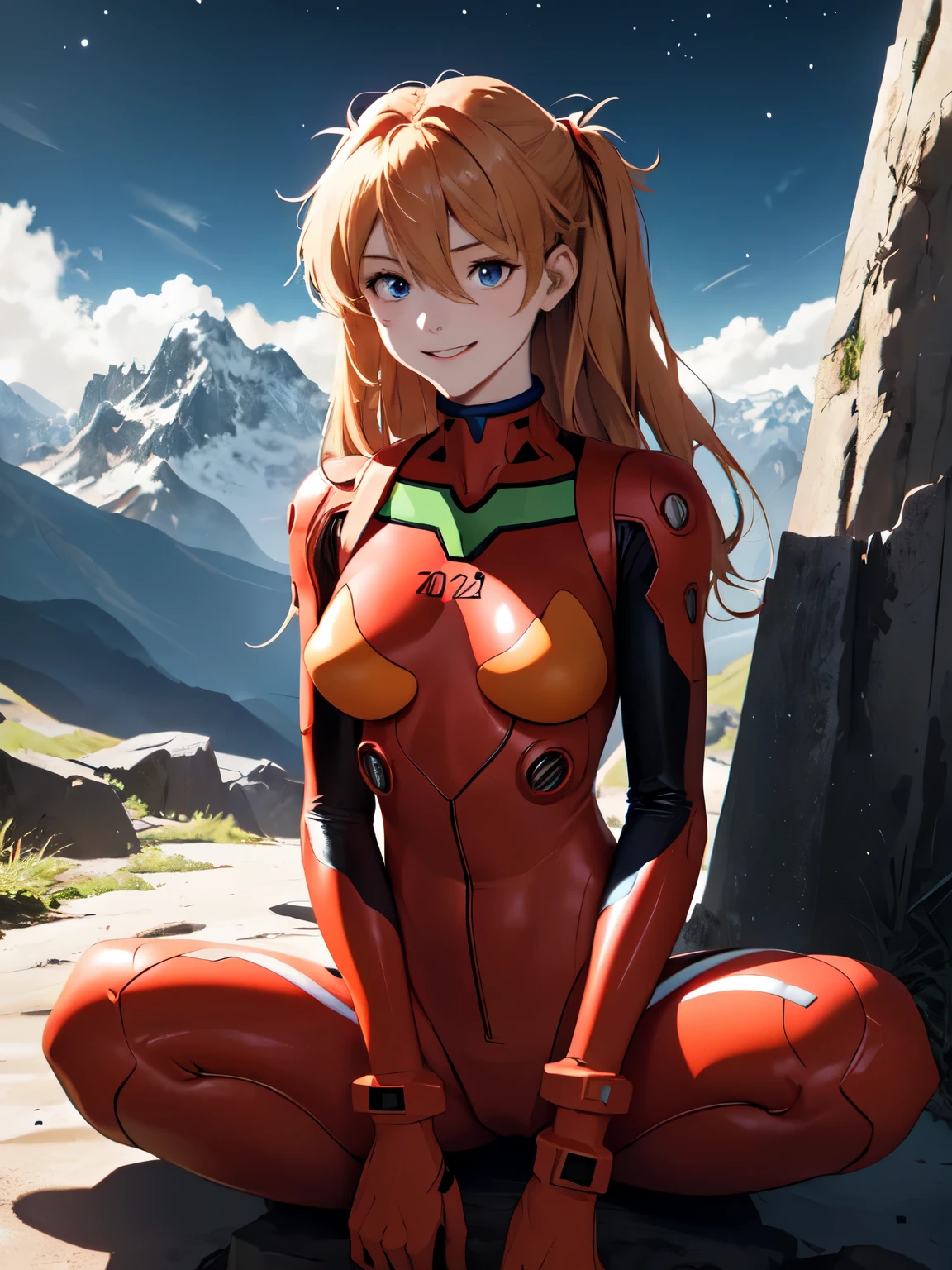 (masterpiece, highest quality), One girl, Beautiful Face, Beautiful body, souryuu_Asuka_Langley, Plug Suit, Bodysuits, Interface Headset, red Bodysuits, Hair between the eyes, Pilot Suit,((Show your whole body:1.5)), smile, sit, night, Mountain, Mountain小屋, Star of the sky