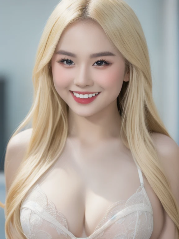 (realistic、masterpiece、Best Quality、8K、highres、high resolution:1.3)、1 girl、 Huge breasts、smile, white bikini、pale white skin、looking at viewers、super fine face and eyes、long blonde hair、indoor、 upper body、