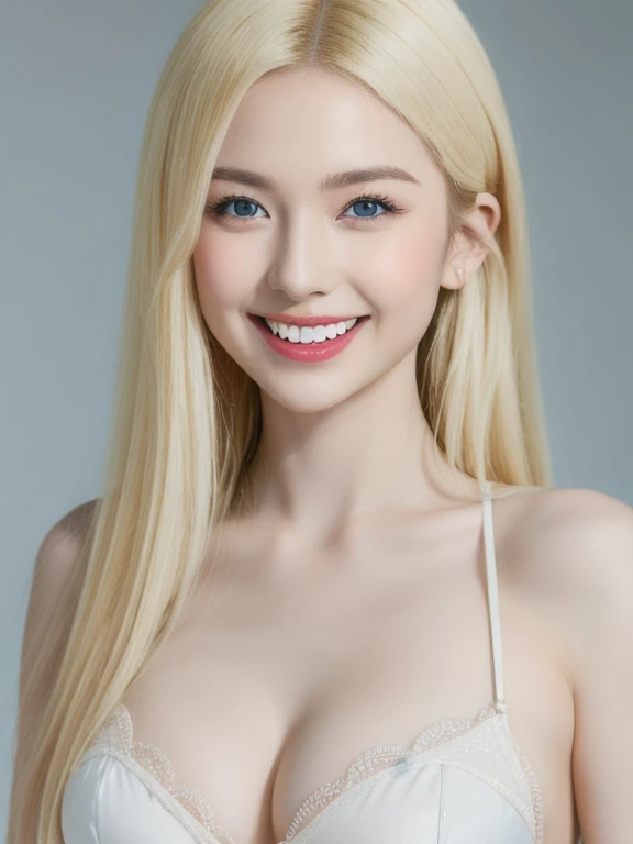 (realistic、masterpiece、Best Quality、8K、highres、high resolution:1.3)、1 girl、 Huge breasts、smile, white bikini、pale white skin、looking at viewers、super fine face and eyes、long blonde hair、indoor、 upper body、