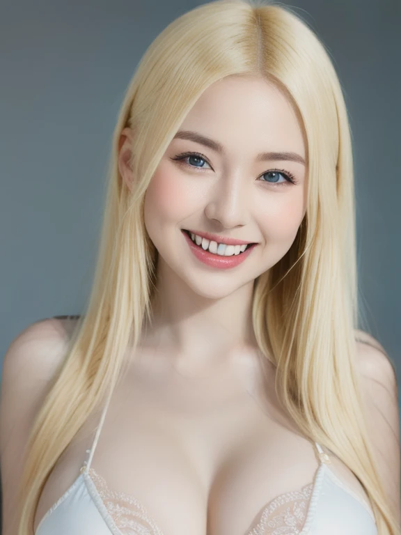 (realistic、masterpiece、Best Quality、8K、highres、high resolution:1.3)、1 girl、 Huge breasts、smile, white bikini、pale white skin、looking at viewers、super fine face and eyes、long blonde hair、indoor、 upper body、