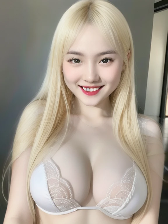 (realistic、masterpiece、Best Quality、8K、highres、high resolution:1.3)、1 girl、Huge breasts、smile, white bikini、pale white skin、looking at viewers、super fine face and eyes、long blonde hair、indoor、 upper body、