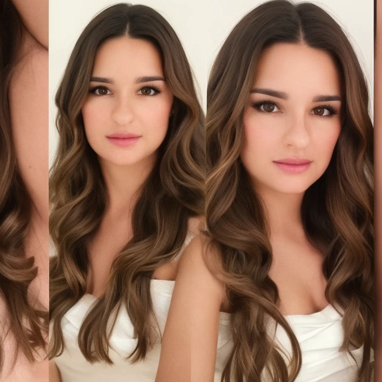 "Generate a high-definition, photorealistic image of a single young woman's entire head, ensuring the full scope of her forehead and brunette, wavy hair are included. The facial features, especially the striking brown eyes, should be rendered with sharp detail and clarity to prevent blurriness. The entire face and hair must be visible with high fidelity, reflecting intricate details and natural textures. Aspect ratio: 3:4. The image should be free of any compression artifacts, with a resolution that ensures even the finest details are crisp and clear."