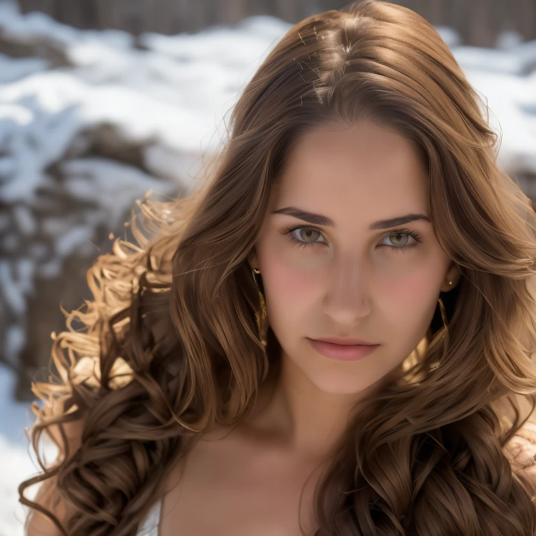 1 person, solo portrait, Generate a high-definition, photorealistic image of a [single] young woman's entire head, ensuring the full scope of her forehead and brunette, wavy hair included. The facial features, especially the striking brown eyes, should be rendered with sharp detail and clarity to prevent blurriness. The entire face and hair must be visible with high fidelity, reflecting intricate details and natural textures. Aspect ratio: 3:4. The image should be free of any compression artifacts, with a resolution that ensures even the finest details are crisp and clear."