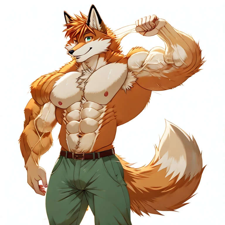 (masterpiece, best quality:1.2), very muscular anthropomorphic fox, solo, full height, shirtless muscle flex, ginger fur, in trousers