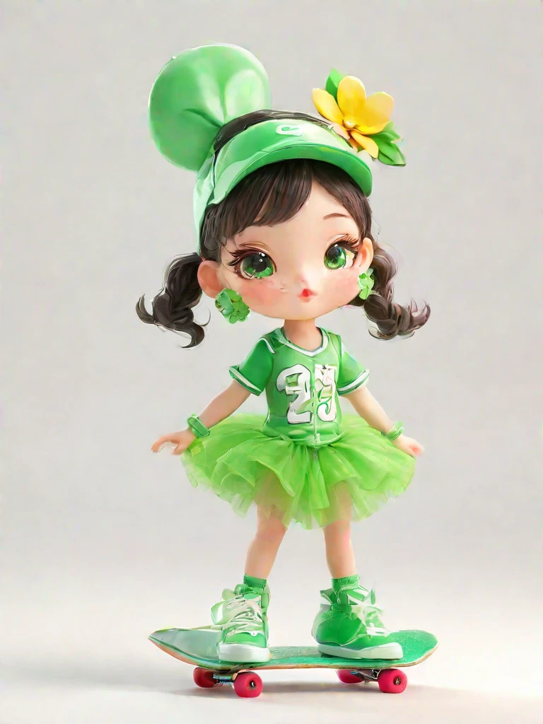 1girl, Wearing a vibrant lime green baseball jersey, Green sequined tulle skirt, Green baseball cap, Double bun and flower earrings, Green sneakers, strike a playful pose, standing on skateboard, one eye closed, Green eyes, Cute ears, Pouting cute little mouth, light blush, tsundere, Cartoon Style, Full body shot, Pure white background, Created with C4D and Blender, Blind box toy style, Super Detail, anatomically correct, masterpiece, ccurate