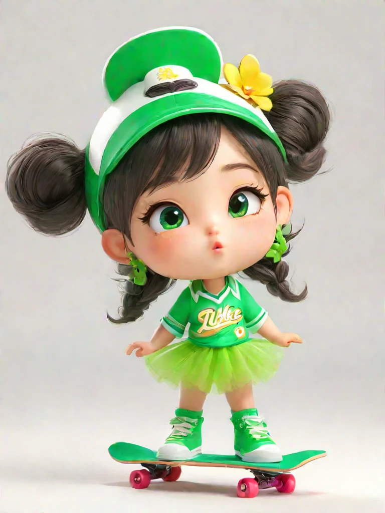 1girl, Wearing a vibrant lime green baseball jersey, Green sequined tulle skirt, Green baseball cap, Double bun and flower earrings, Green sneakers, strike a playful pose, standing on skateboard, one eye closed, Green eyes, Cute ears, Pouting cute little mouth, light blush, tsundere, Cartoon Style, Full body shot, Pure white background, Created with C4D and Blender, Blind box toy style, Super Detail, anatomically correct, masterpiece, ccurate