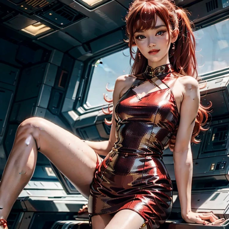 (masterpiece, best quality:1.2), 1girl, solo, vintage miss 21 years old pin-up, legs crossed in pantyhose, beautiful detailed face, makeup, straight red hair, ponytail, small smile, (((printed dress))), setting: in spaceship port. hyperrealism, 4k, Photographed with a Canon EOS R5, 50 mm lens, F/2.8, Full HD,