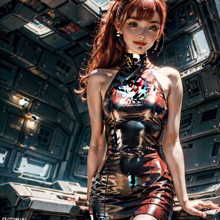 (masterpiece, best quality:1.2), 1girl, solo, vintage miss 21 years old pin-up, legs crossed in pantyhose, beautiful detailed face, makeup, straight red hair, ponytail, small smile, (((printed dress))), setting: in spaceship port. hyperrealism, 4k, Photographed with a Canon EOS R5, 50 mm lens, F/2.8, Full HD,