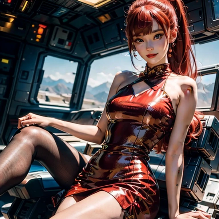 (masterpiece, best quality:1.2), 1girl, solo, vintage miss 21 years old pin-up, legs crossed in pantyhose, beautiful detailed face, makeup, straight red hair, ponytail, small smile, (((printed dress))), setting: in spaceship port. hyperrealism, 4k, Photographed with a Canon EOS R5, 50 mm lens, F/2.8, Full HD,