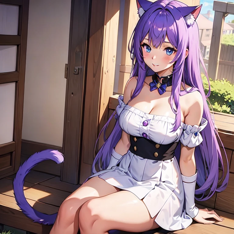 (masterpiece, best quality:1.2), 1girl, solo, purple-blue hair, purple hair, blue eyes, catgirl, cat ears, cat tail
