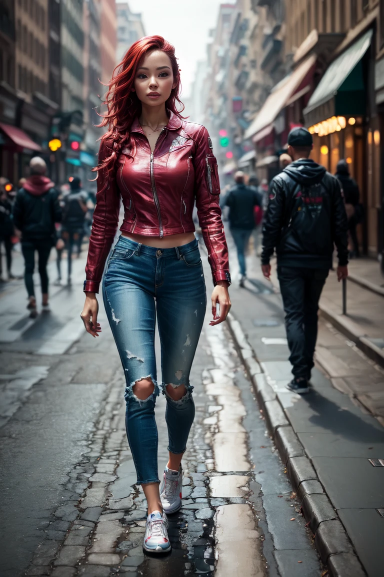 female cyborg walking in the street, french braid, red hair, (Best quality, 4K, 8 k, A high resolution, masterpiece:1.2), absurdity, masterpiece, ultra detailed, (realistic, photorealistic, photorealistic:1.37), complex parts, HDR, (complex parts:1.12), (hyper detailed, hyper realistic, Soft lighting, spicy:1.2), beautiful figure, Magnificent Anatomy, (complex part, Hyper detailed:1.15), Smooth skin,