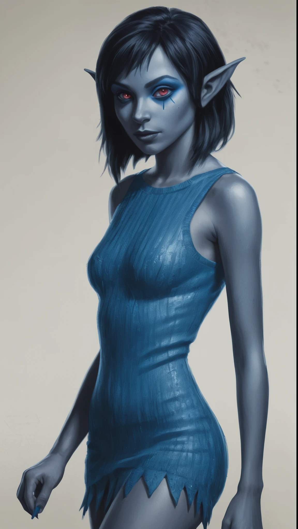 An illustrated movie poster, hand-drawn, full color, a young drow woman, drow elf, wearing a rib-knit mini-dress, blue skin, blue complexion, pointy elf ears, ruby eyes, dark hair, shaggy bob, posing like a model, hard shadows, graphite shading, stencil marks, airbrushed acrylic paint, masterpiece, in the style of Rockstar Games
