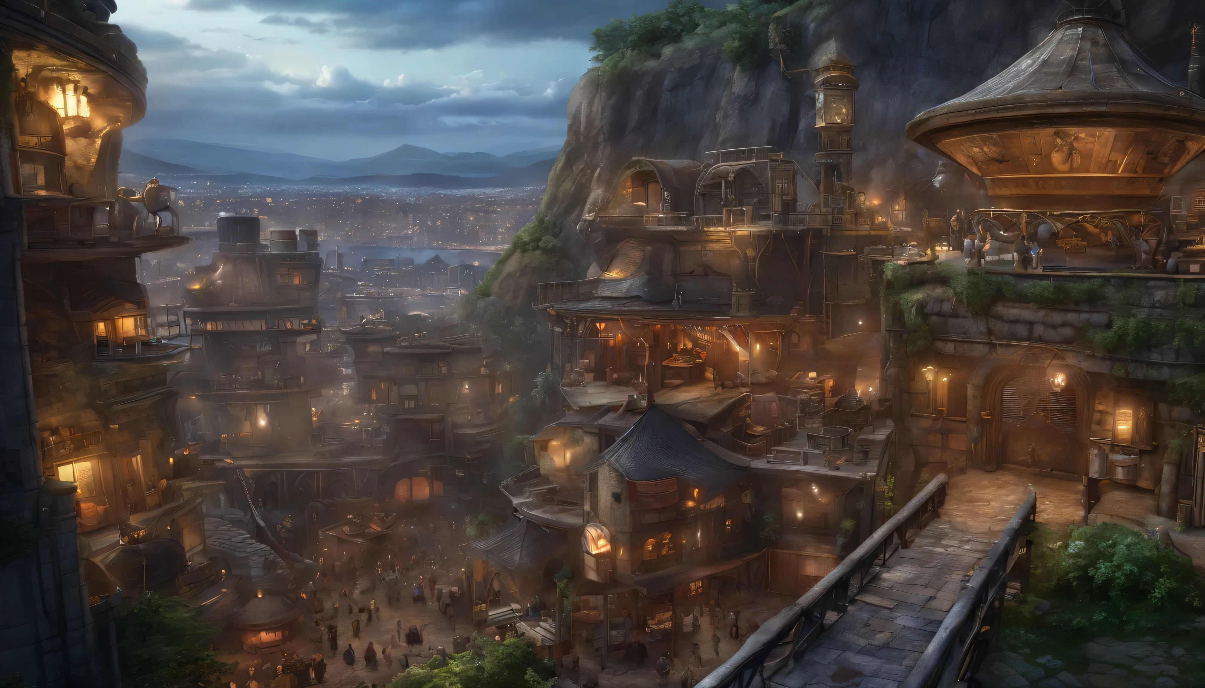View from the roof of the house,underground city,Dwarf City,Amethyst on the ceiling,gold mine,Underground Mining City,Semi-steampunk and fantasy mix,Water pipes running through the city,(highest quality,4K,8k,High resolution,masterpiece:1.2),Very detailed,(Realistic,photoRealistic,photo-Realistic:1.37),Portraiture,landscape,Horror,anime,Science fiction,photograph,Concept Artist,Vibrant colors,Studio Lighting