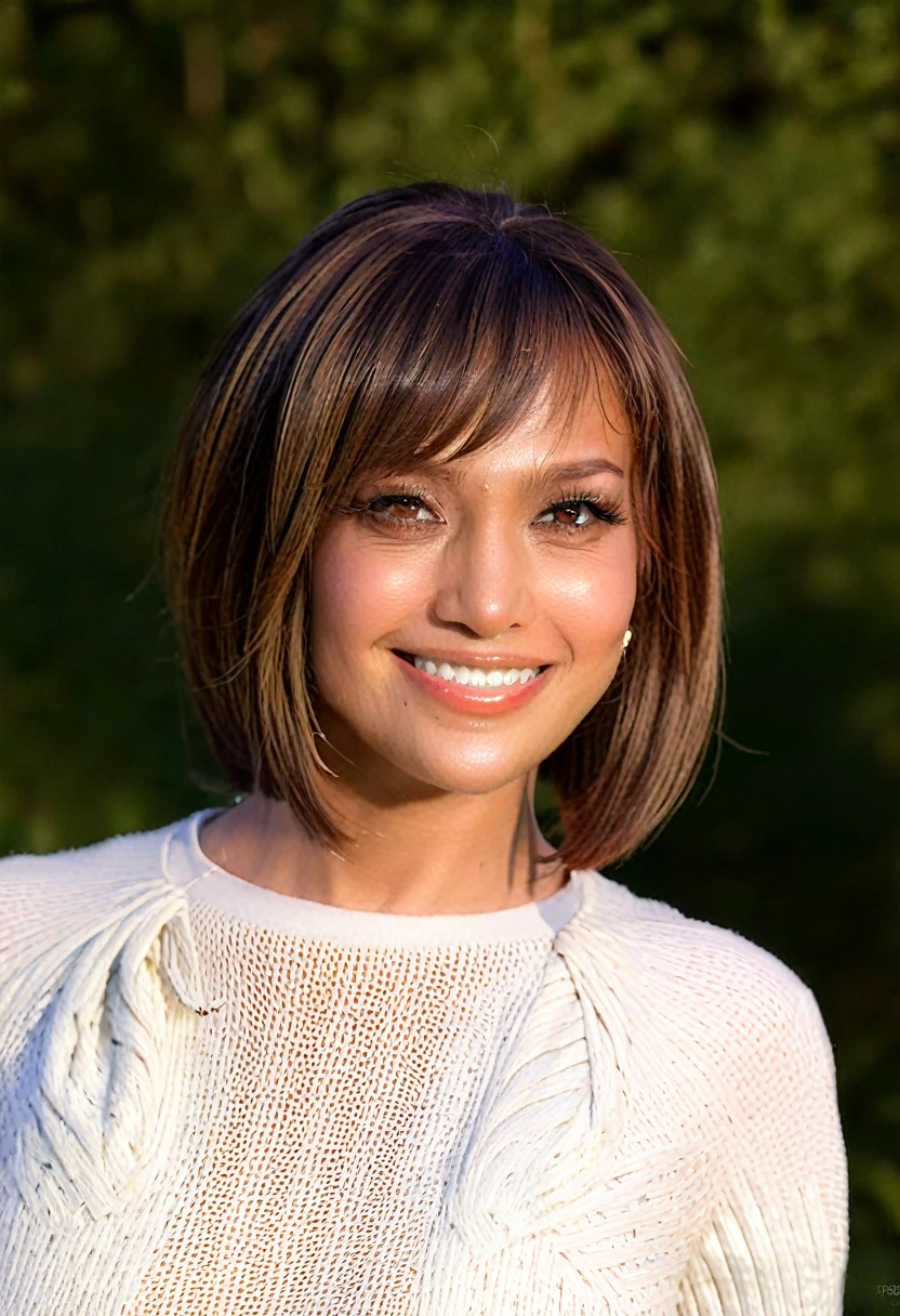 Jennifer Lopez, Top Quality, Masterpiece, Ultra High Definition, (Photorealistic: 1.4), (Look Off: 1.4), (Look Off: 1.4), No Look at Camera, Raw Photo, One Girl, Dark Hair, (Straight Bobs: 1.4), (Patsun: 1.4), Bangs, Smile, Glossy Skin, Dramatic Lighting, Neat, T-Shirt, White Summer Sweater, (Big: 0.9), parks