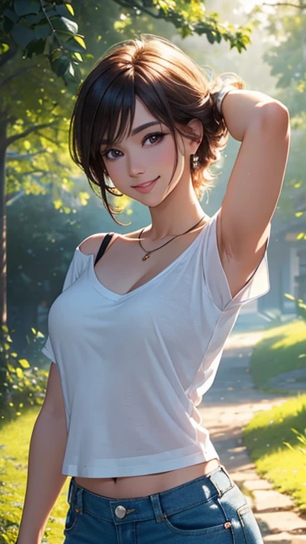 (Best quality,ultra detailed,photorealistic:1.37),bright and rich colors,studio lighting,playful and smiling expression of a beautiful face,stylish makeup, short denim shorts,hair fluttering in the wind,alluring smiling eyes, (((short T-shirt with a deep neckline))), glossy lips,sexy free pose, I smile confidently and seductively,posing for a professional photo shoot,shallow depth of field,highlighting the main subject,soft natural lighting,Creating a dreamy and magical atmosphere.