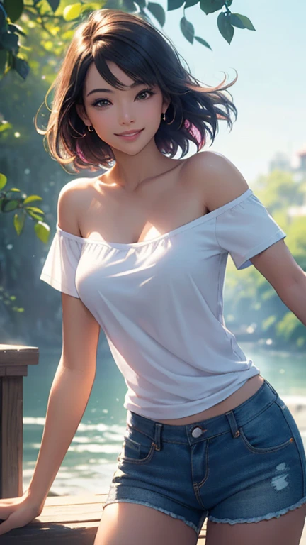 (Best quality,ultra detailed,photorealistic:1.37),bright and rich colors,studio lighting,playful and smiling expression of a beautiful face,stylish makeup, short denim shorts,hair fluttering in the wind,alluring smiling eyes, (((short T-shirt with a deep neckline))), glossy lips,sexy free pose, I smile confidently and seductively,posing for a professional photo shoot,shallow depth of field,highlighting the main subject,soft natural lighting,Creating a dreamy and magical atmosphere.