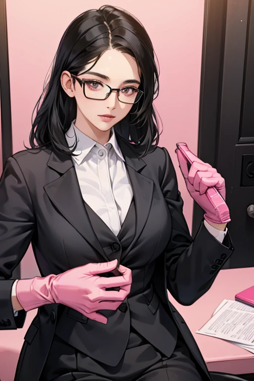 A black-haired, glasses-wearing mature woman in a suit stroking a man&#39;s penis with her hand in a pink long rubber glove in the office  