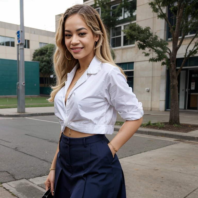 Rita Ora dressed in school clothes and smiling