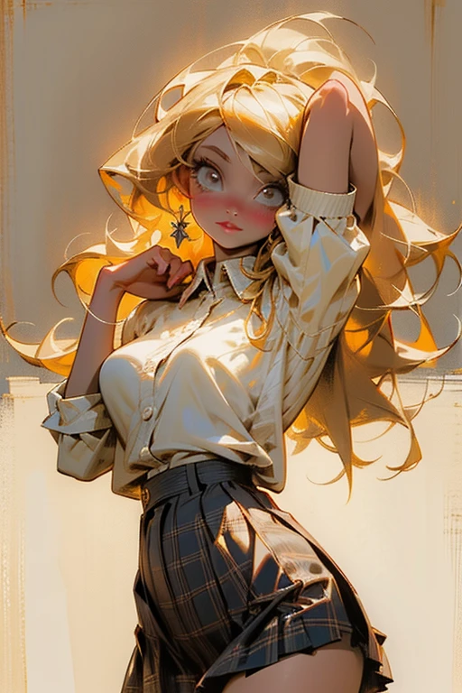 glow,masterpiece, best quality, oil painting portrait style, blonde,Plaid skirt,pleated skirt,Big ,white stockings,without wearing shoes