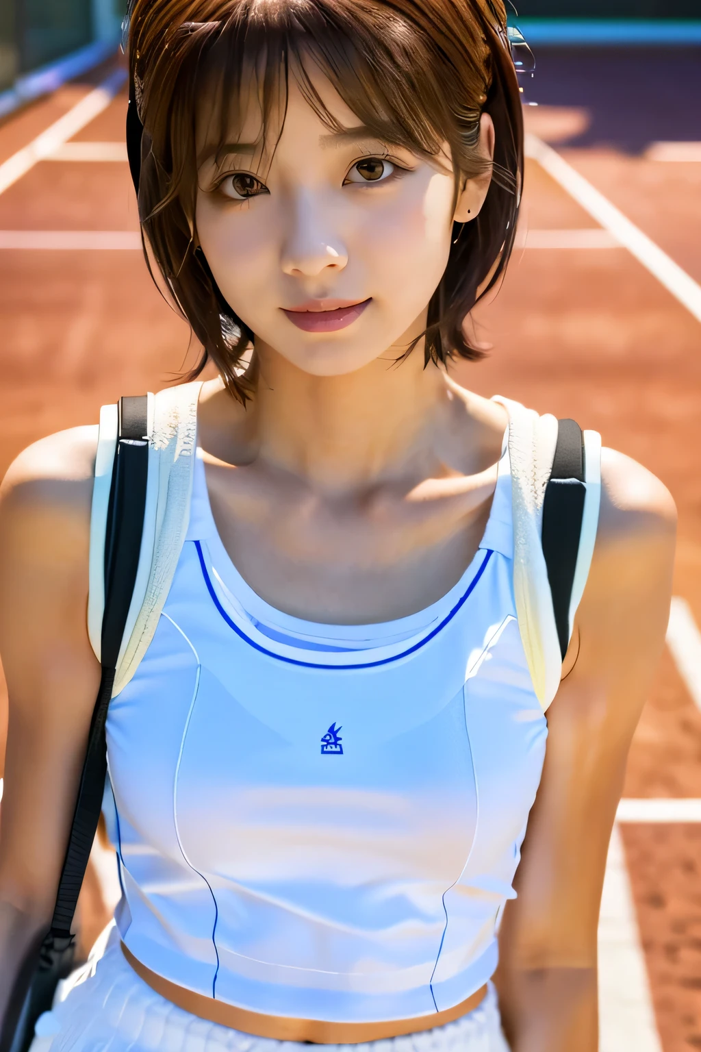 (8k, RAW photo, best quality, masterpiece:1.2), (realistic, photo-realistic:1.4), (extremely detailed 8k wallpaper), sharp focus, professional lighting, depth of field, cinematic lighting, outdoors, full body, athlete, looking at viewer, large breasts, realistic skin, realistic face, faint smile, short hair, breast cleavage, track and field shirt track and field top,