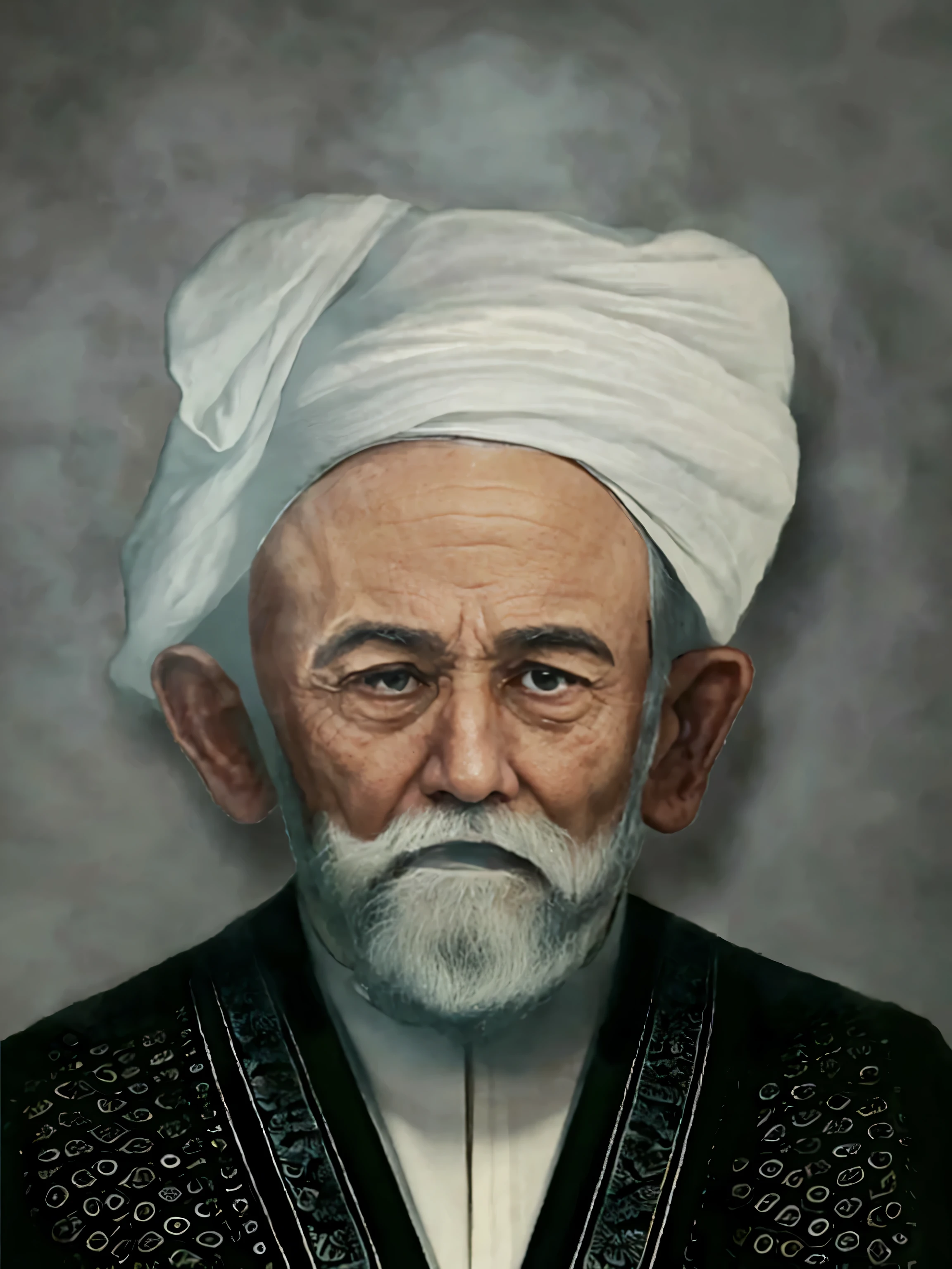 Make this photo a look realistic, afared man wearing a muslim robe with a white turban and a beard, 7 5 years old man, colorized potrait, realistic potrait photograph, perfect potrait photograph, very detailed potrait photograph, 16k UHD