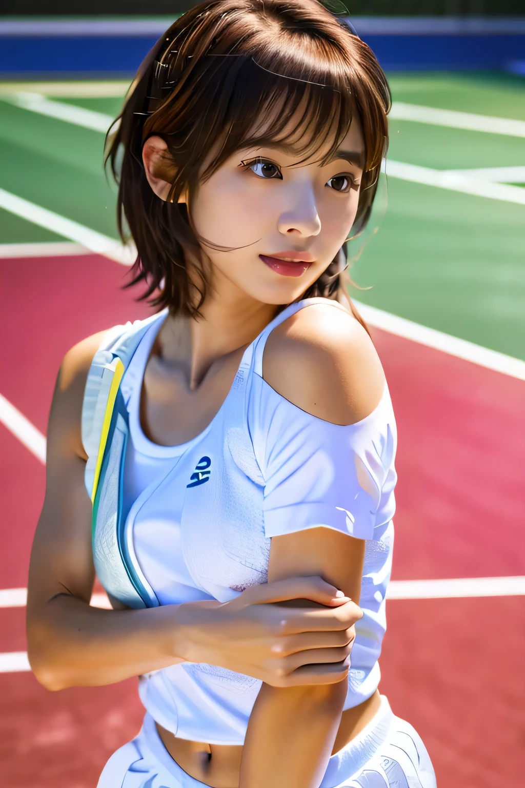 highest quality, Photorealistic, Very detailed, finely, High resolution, 8K Wallpaper, Professional, High level of detail, ((One 18 year old girl:1.2)), Slender Japanese women,cute lips, (Long eyelashes:1.2)、Detailed clavicle, Mid-chest、Perfect Face, (Cute short bob hair:1.5), Chestnut Hair、Cute face、(Tennis Wear:1.5)、(White sneakers:1.5)、(Full body pose on the tennis court:1.2)、perfect body style、((Complete head-to-toe coverage:1.5)、