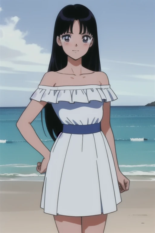 (retro anime girl:1.2), (white dress:1.1), (masterpiece:1.2), (best quality), (ultra detailed), (8k,4k), (half body:1.2), (cowboy:1.2), (close up:1.2), (highly detailed:1.2), (Ruffle Off-the-shoulder top:1.4), (Maxi skirt:1.4), Rei Hino, 1 girl, solo, Best quality, masterpiece, High Definition, Teenager, Purple Eyes, Beautiful Detail Eyes, Black Hair, Long Hair, Good hands at sides, Smile, Blushing, Bare Neck, Bare Arms, Bare Shoulders, short sleeve, Strapless, White Ruffle Off-the-Shoulder Top, White Off-the-shoulder Dress, White maxi dress, walking on the beach with bare feets, Background, blue skies, Close up,