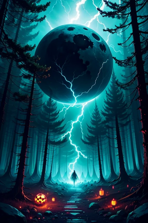 1-DigitalCreations, in a dazzling array of phosphorescent and neon colors, in a forest with Skulls lining the path, night of the "Blood" moon, ghoulish glow, lightning golden colors 