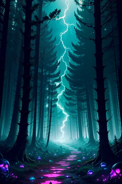1-DigitalCreations, in a dazzling array of phosphorescent and neon colors, in a forest with Skulls lining the path, night of the "Blood" moon, ghoulish glow, lightning golden colors