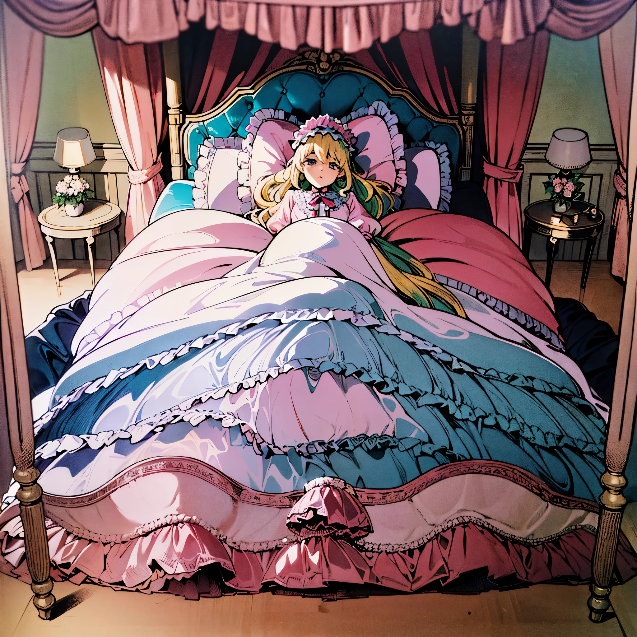 ,highest quality, masterpiece, Highest Resolution, artwork, super それにGet used to it, many Get used to it, Get used to it, それにGet used to it, 3K anime illustrations,(( 10 year old girl)),Super detailed baby face,high quality small face,long blonde hair that grows to the waist,blue eyes,白い肌のEuropean,pajamas, European,(((Super long blonde hair))),Curly Hair,blue eyes,((((ピンクのロリータファッションのLong skirtのワンピースドレス)))),((Pink dress with lots of frills and ribbons)),((A gorgeous headdress with frills and ribbons)),Detailed headdress,,(((Large yoke collar))),Yoke collar with ruffles and bow,((((Long sleeve)))),Ruffle sleeves,((((Long skirt)))),White ruffle and lace socks,Large frill and ribbon pillow,(((Nice pink outfit))),豪華なCanopy bedの上,Canopy bed,The bed is surrounded by luxurious curtains.,There were a lot of frilly pillows on the bed.,There are a lot of frilly pillows behind the girl.,Highly detailed background,Detailed bed,Soft pink comforter,Very fine soft frilly pillow,Beautiful girl illustration,Beautiful face in every detail,Thinning hair,Detailed eyes ,Detailed eyess,Mouth details, Arm details,Beautiful Hands,Detailed pillow,Large bed,Illustration on the bed, ,((((Round futon)))),((((A large frilly futon that covers the entire bed)))),Detailed comforter,Detailed bedシーツ,Before bedtime,Romantic atmosphere,Palace Bedroom,((((The lower half of her body is hidden under the duvet and her puffy skirt......)))) The girl is leaning against a pile of pillows, ,((((Round futon)))),((((A large frilly futon that covers the entire bed)))),((((No shoes)))),