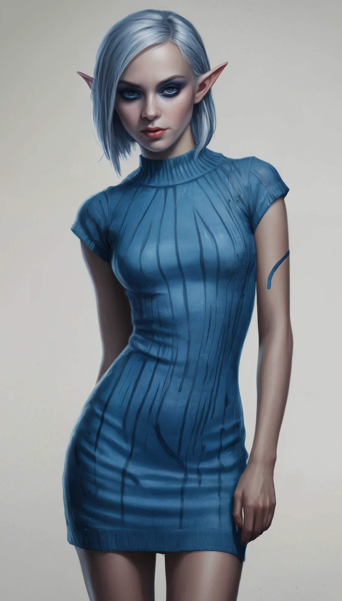 An illustrated movie poster, hand-drawn, full color, a young drow woman, drow elf, wearing a rib-knit mini-dress, blue skin, blue complexion, pointy elf ears, ruby eyes, dark hair, shaggy bob, posing like a model, hard shadows, graphite shading, stencil marks, airbrushed acrylic paint, masterpiece, in the style of Rockstar Games