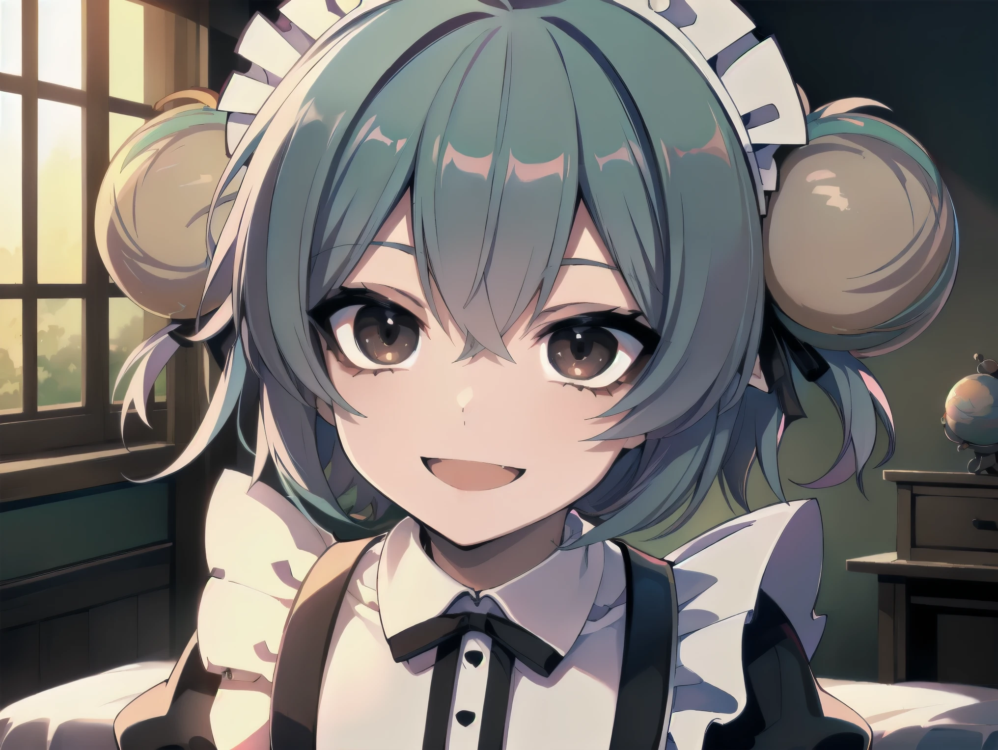 1girl, ((((bondle hair)))), (((dark eyes))), (((smiling))), ((best quality)), (((maid dress))), (detailed), perfect face, ((style novel)), beautiful cores, ((anime_Colores)), ((in room)) , (Alone)